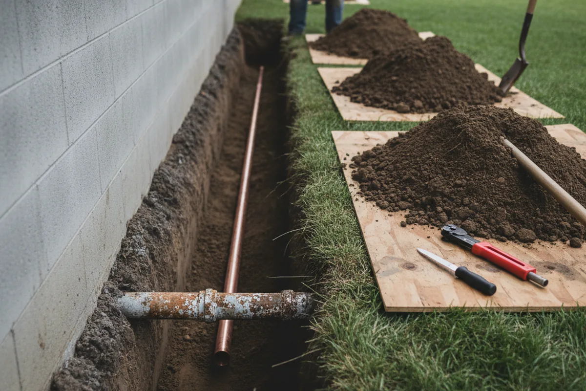Excavated water line trench during Water Heater Repair in Hobart